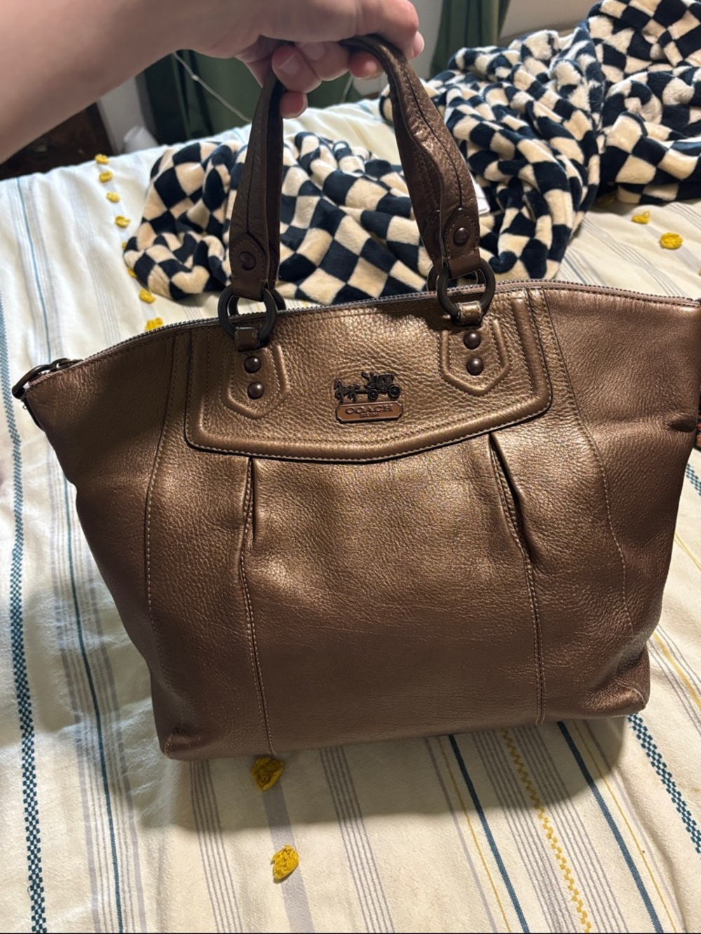 COACH Metallic Bronze Pebbled Leather Tote with Top Handles and shoulder strap - Picture 12 of 12